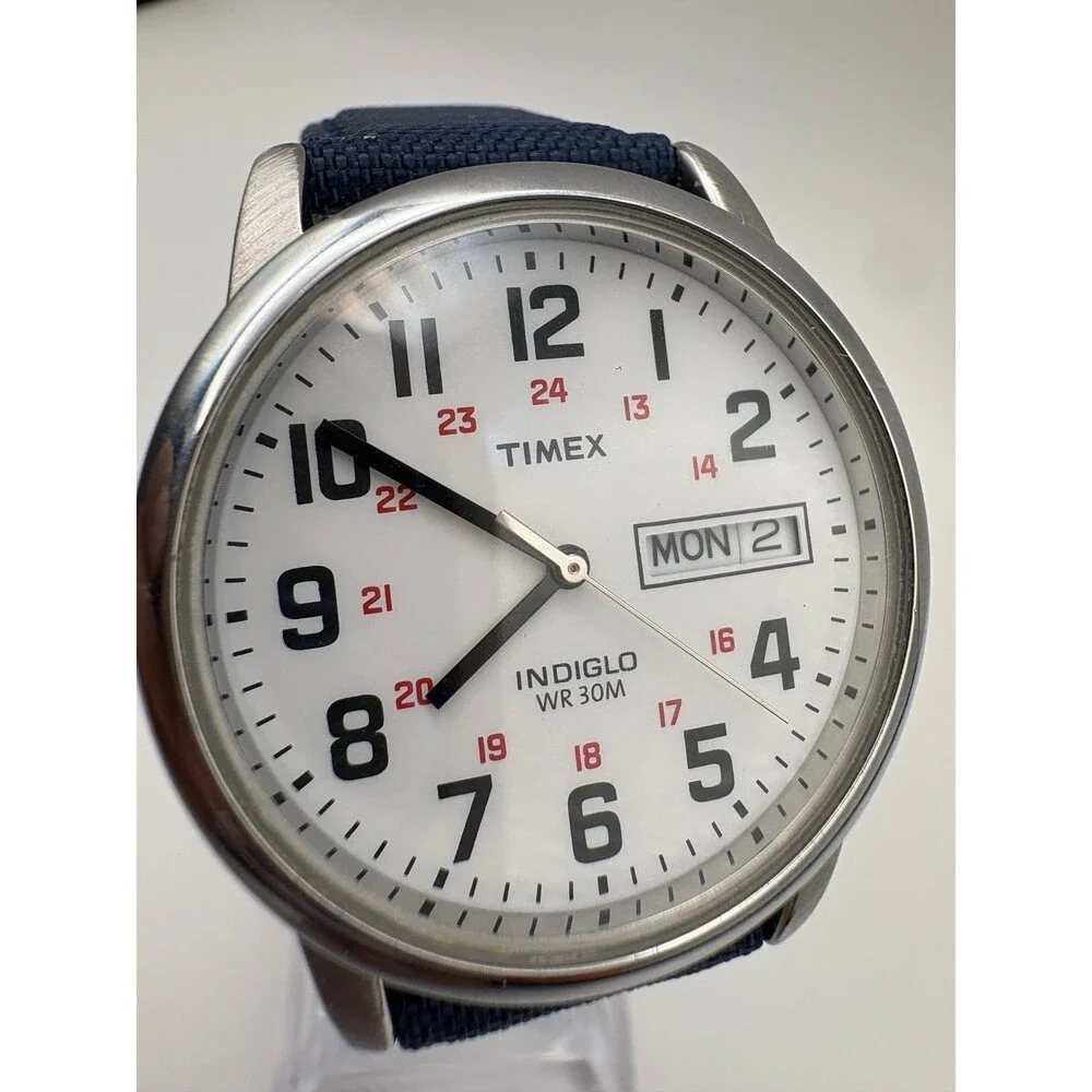 Timex T20461 Indiglo Mens Watch White Dial Day Date BRAND NEW Navy Canvas Strap
